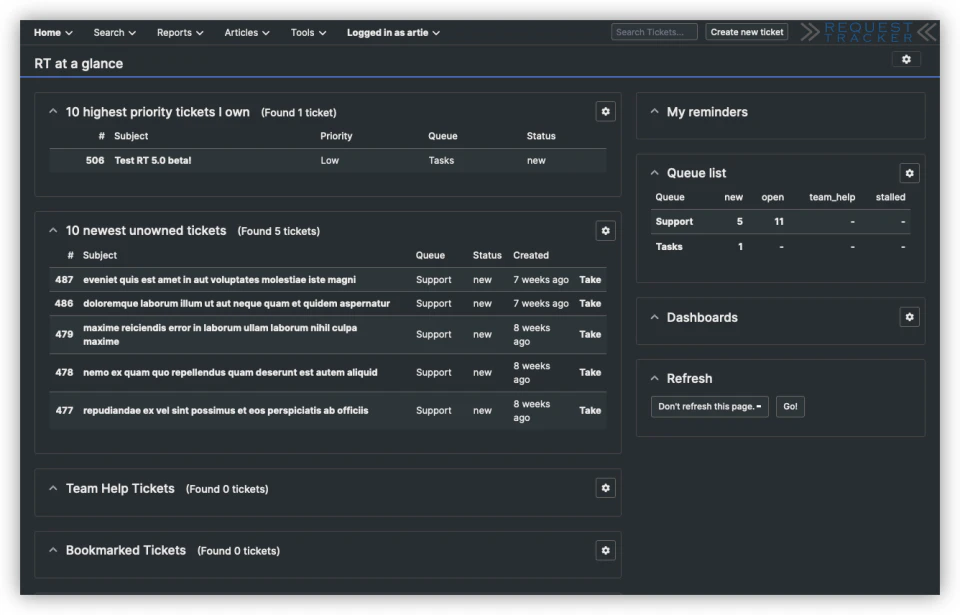 screenshot of Request Tracker